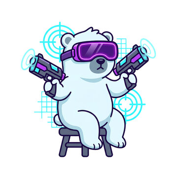 Cute Polar Bear in VR Headset Holding Sci-Fi Blasters