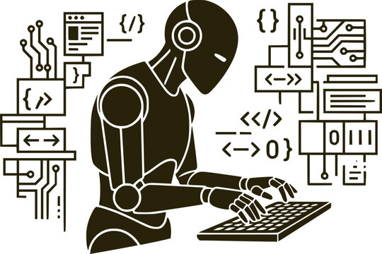 AI Robot Programmer Coding Software Black Silhouette Vector Illustration Isolated on White