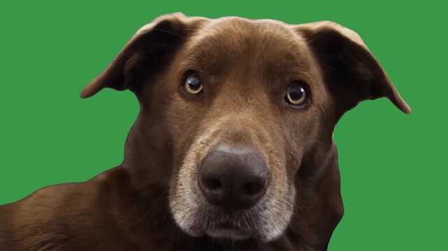 Curious brown dog tilts its head with a quizzical expression on a green screen background. Cute pet close-up isolated for chroma key, reactions, memes, and video compositing. 15247