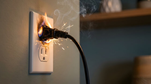 Electrical wall outlet sparking and burning during fire hazard incident in modern home interior.