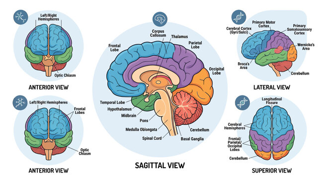 Human Brain Anatomy Diagram: Sagittal, Lateral, and Anterior Views with Lobe Color Coding
