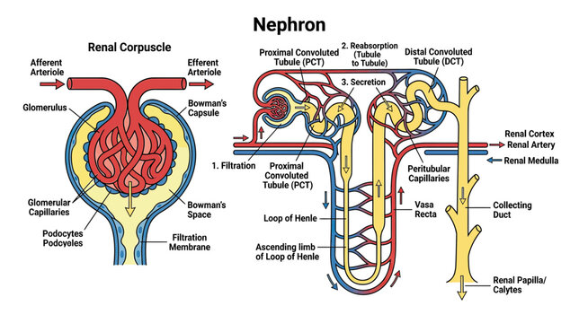 Nephron Diagram: Renal Corpuscle and Tubule Structure, Kidney Function