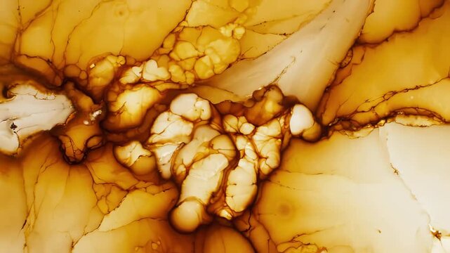 Abstract top down view of a glowing yellow onyx slab showing intricate mineral veins and translucent backlit alabaster stone patterns in motion