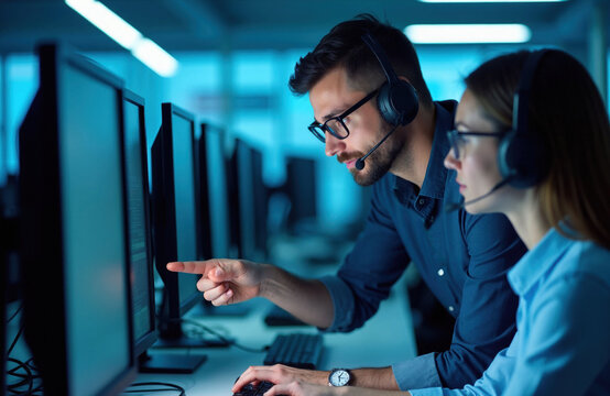 Professional support team works at computers in modern office. Man explains technical issue to female colleague. Employees use headsets for communication analyzing code on screen. Focus remains on