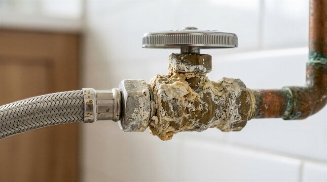 Heavy Mineral Deposits and Rust on Water Supply Gate Valve - Hard Water Damage and Plumbing Corrosion Concept