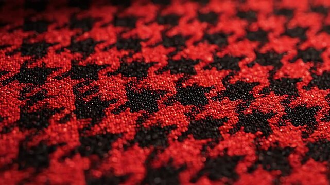 Cinematic close up of a digital red and black houndstooth fabric texture with a slow rotation and intricate geometric design details