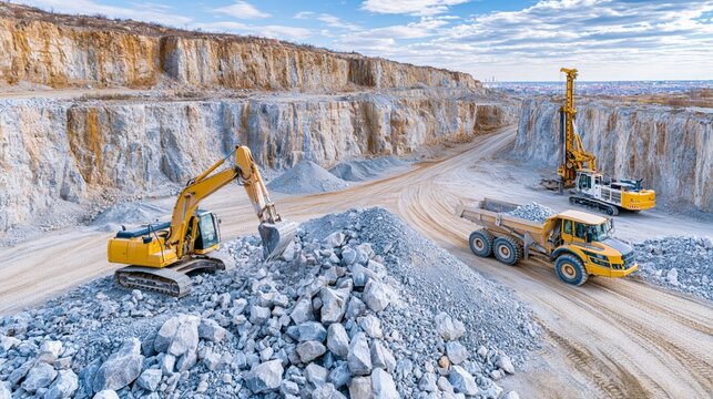 Excavator loads crushed stone into haul truck at open pit quarry during daylight hours with rotary drill rig present Generative AI