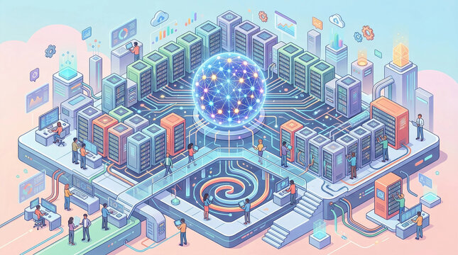 Illustrated data center with server racks, network globe and cloud analytics for IT security
