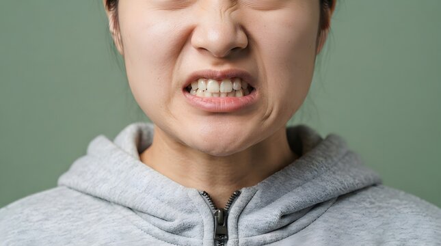 Young woman showing intense facial expression while clenching her teeth in a studio portrait captured with bright natural lighting setup
