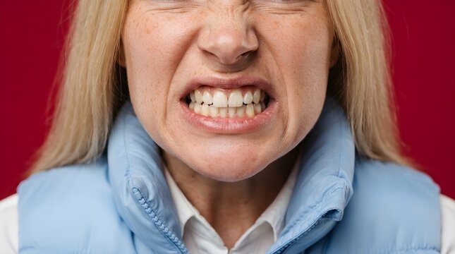 Close up portrait of an angry woman showing her clenched teeth with a frustrated facial expression on red background