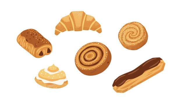 Assortment of fresh baked French pastries including a golden croissant, chocolate eclair, and cinnamon roll on plain background.