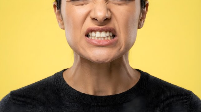 Close up portrait of a young woman with a frustrated facial expression showing clenched teeth against a bright yellow background