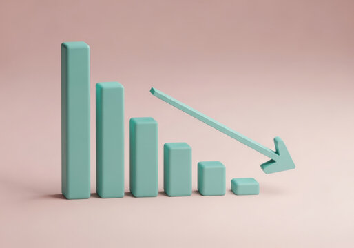 Three dimensional bar graph showing decline with teal columns and downward arrow on pastel pink background representing business loss trend.