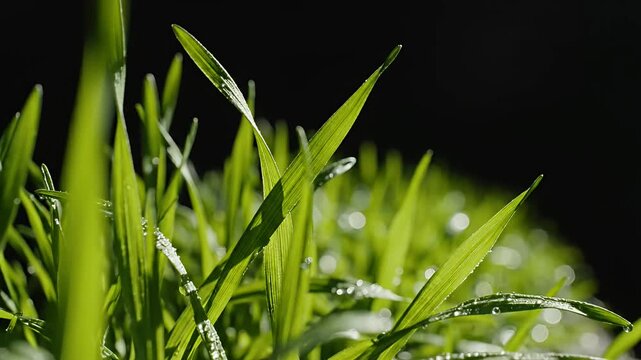 Close up of green grass blades with dew drops.