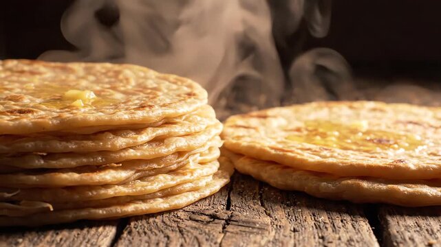 Cinematic close up of steaming hot layered parathas and golden brown flatbreads on a rustic wooden table with soft side lighting