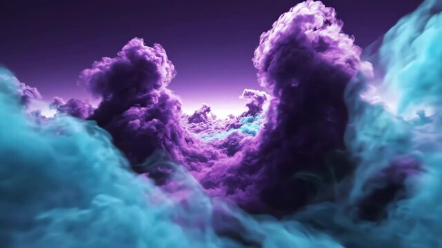 Cinematic fly through of shifting ethereal purple and teal fog banks in an infinite abstract space with illusory depth