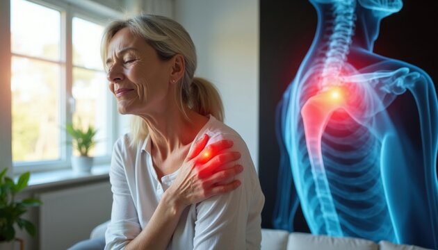 Middle aged woman feels strong ache in shoulder at home interior. Female patient holds arm due to sharp joint inflammation. Digital human body xray anatomy diagram shows sore area. Concept of chronic