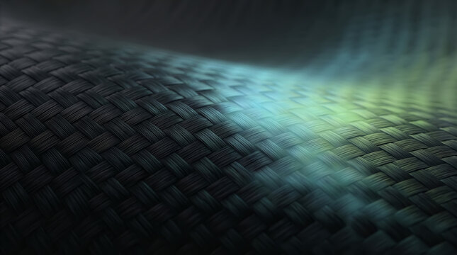Abstract dark woven carbon fiber texture with soft cyan and green glow, shallow depth of field and futuristic tech surface for banners and digital design.