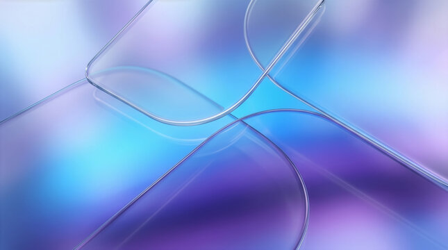 Abstract glassmorphism background with translucent rounded panels, soft blue and purple gradients, glossy reflections and clean futuristic tech style.