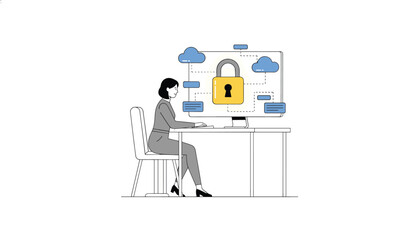 Fototapeta premium Businesswoman sitting at a desk and working on a computer that displays a secure padlock icon linked to cloud data network.