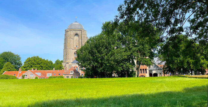 Ancient architecture of the village of Veere in bright sunlight of summer, Walcheren, Zeeland, the Netherlands, July, 2026