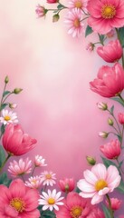 Fototapeta premium Pink and white flowers with green leaves arranged on a soft pink background. Gentle floral border frames empty copy space. Soft watercolor style illustration for spring or romantic themes.