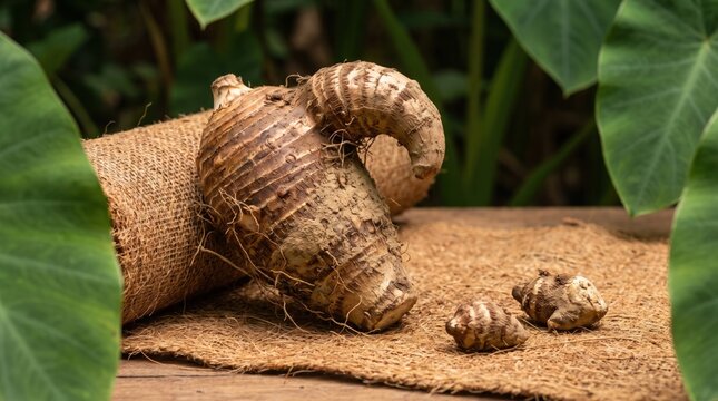Irregular taro corm with curved growth and offshoots arranged on woven mat beneath tropical leaves, emphasizing resilient root crops, natural imperfections, local harvest value, and mindful food use