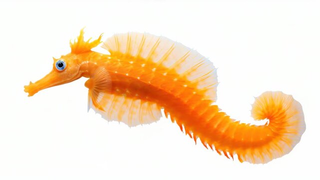 Orange Seahorse: A vibrant orange seahorse, characterized by its distinctive curled tail and elaborate dorsal fin, floats gracefully in its aquatic environment.