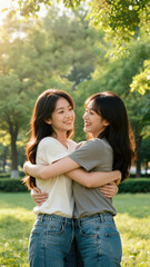 Fototapeta premium Two asian woman friends hugging in a park with sunlight. Young girls smiling and embracing outdoors on Friendship Day. Concept of emotional connection, loyalty, harmony and affection.