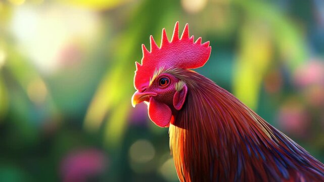 Rooster at Sunrise: A majestic rooster with vibrant red comb and iridescent plumage stands proudly amidst lush green foliage, illuminated by the soft golden light of early morning.