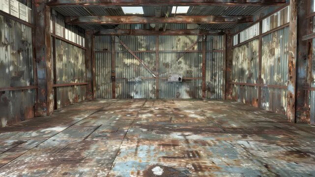 Abandoned Industrial Warehouse Interior: The desolate interior of an old, rusty industrial warehouse, with weathered walls and a decaying wooden floor, evokes a sense of decay and forgotten purpose.