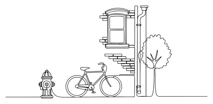 Bicycle parked by house wall with window and hydrant in continuous line style