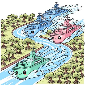 Cute Cartoon Boats Sailing Down a River.