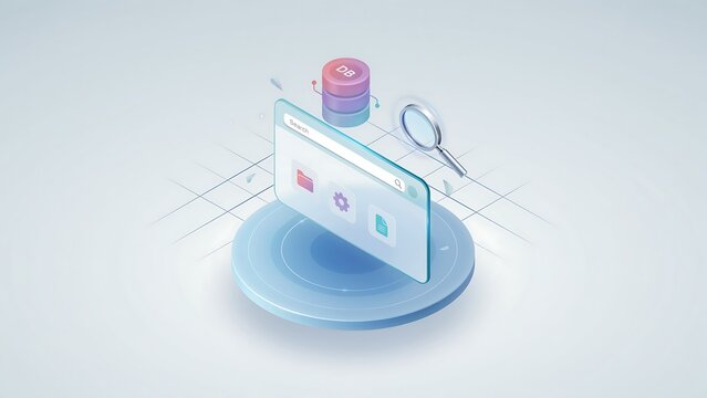 Isometric 3d of a web browser window with database cylinders and a magnifying glass on a light blue grid background, for data analysis