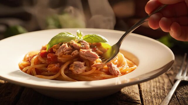 Detailed macro view of spaghetti with tuna and tomato sauce rotating slowly under warm golden light on a dark wooden surface