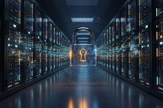 A metallic padlock floating in the center of a data center aisle with glowing digital circuit patterns and holographic data streams surrounding it