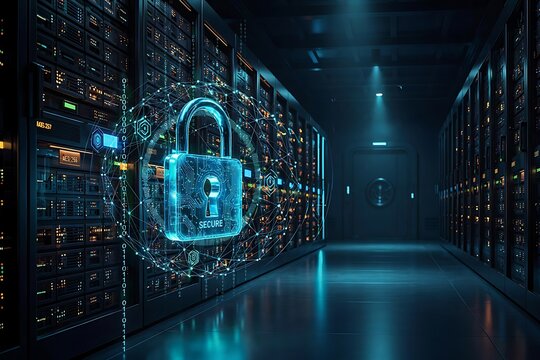 A secure digital padlock floating in a dark server room with a complex holographic sphere of data connections and binary code surrounding the lock