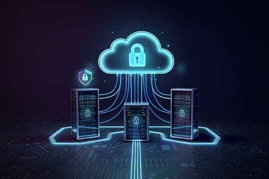 Cybersecurity concept with a glowing blue cloud and padlock connected to three server racks on a dark circuit board background, with digital lines