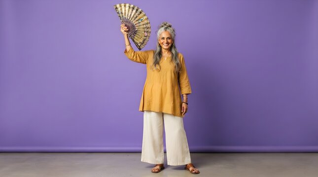 Elegant silver haired woman in a yellow tunic holding a decorative folding fan against a vibrant solid purple studio backdrop