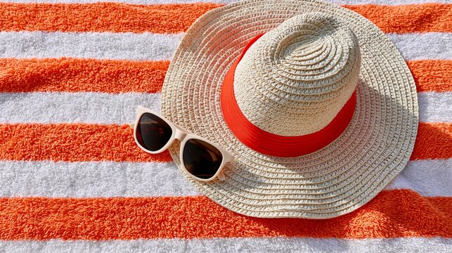 Floppy straw sun hat with red band and sunglasses on bold orange and white striped beach towel in summer sun Generative AI