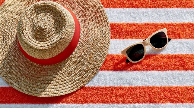 Sun hat and sunglasses on beach towel with orange and white stripes during summer vacation Generative AI