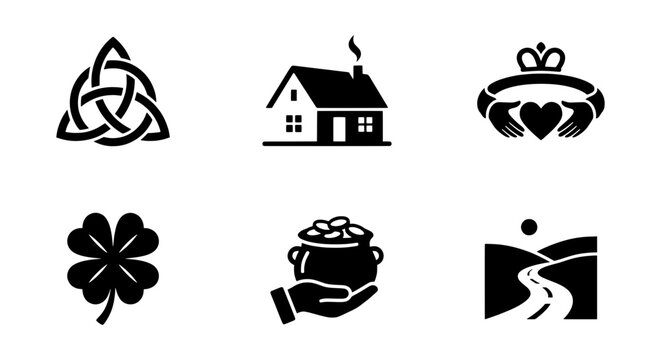 Irish Symbols Icons Set: Shamrock, Claddagh, Trinity Knot, Pot of Gold, House, Landscape