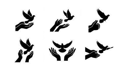 Fototapeta premium Dove Release Icons, Hands Releasing Birds, Freedom Symbol Vector Set