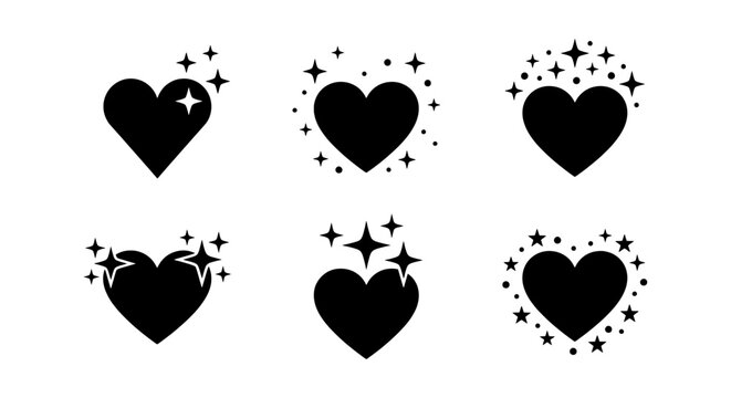 Sparkling Heart Icons, Love Symbols, Romantic Emblems, Valentine's Day Graphics, Black and White Vector Set