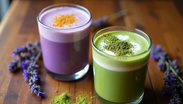 Green matcha, purple ube latte drinks on wood table with lavender flowers. Fresh tea cups with foam milk powder topping. Healthy colorful cafe beverages for breakfast menu. Tasty organic plant milk