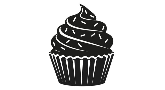 Black cupcake icon, chocolate frosting dessert, sweet treat illustration, bakery vector graphics