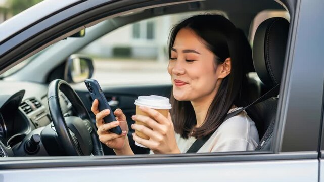 Enjoying a Coffee and Phone While Driving