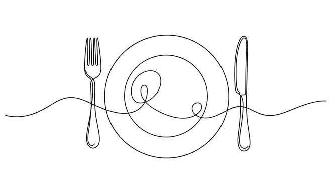 Minimalist table setting, elegant dining, plate with utensils, simple line art