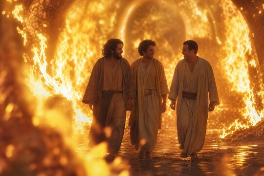 Serene Moment: Trio Walking Safely Inside Blazing Fiery Furnace, a Miracle of Divine Protection.