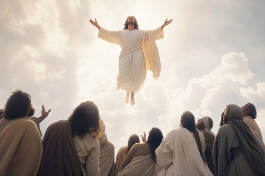 Jesus Christ's Divine Ascension into Ethereal Clouds, Witnessed by Kneeling Disciples in Serene Awe.